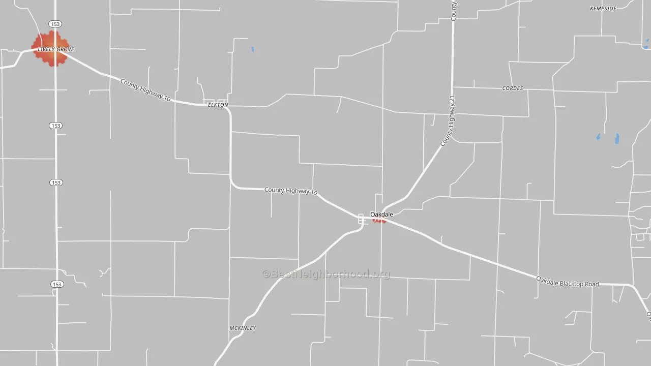 Walk Grade map of 62268, IL, walkable areas in green and car-dependent areas in red
