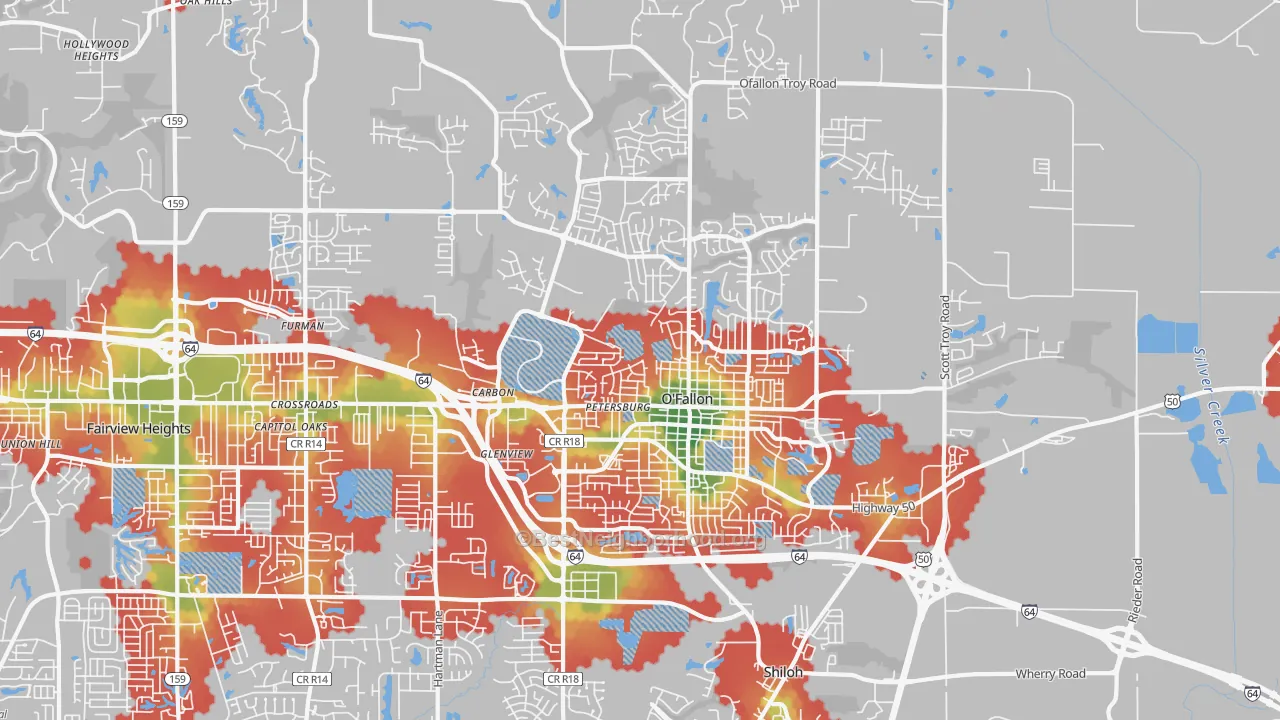 Walk Grade map of 62269, IL, walkable areas in green and car-dependent areas in red