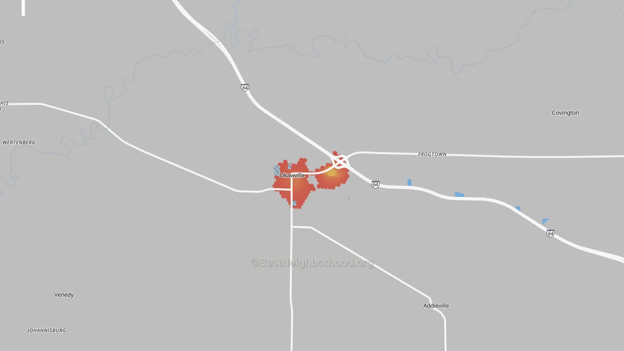 Walk Grade map of 62271, IL, walkable areas in green and car-dependent areas in red