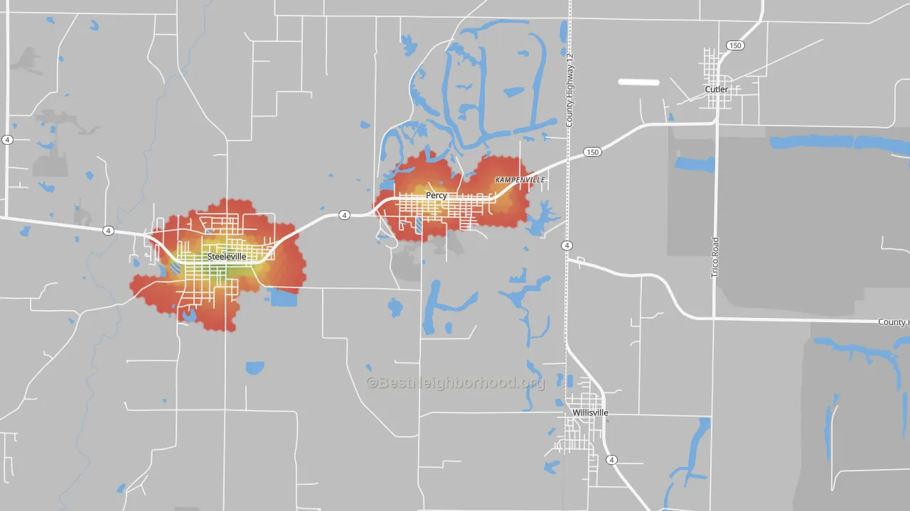 Walk Grade map of 62272, IL, walkable areas in green and car-dependent areas in red