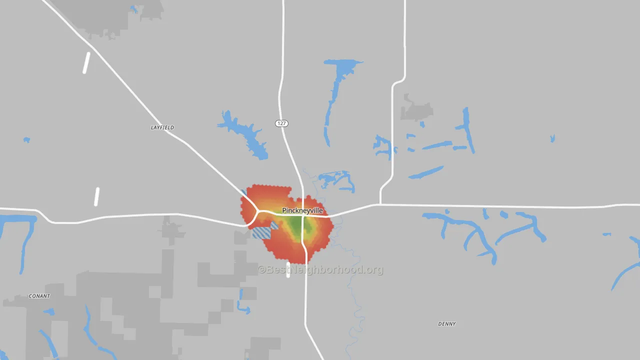 Walk Grade map of 62274, IL, walkable areas in green and car-dependent areas in red