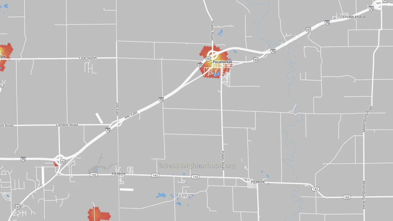 Walk Grade map of 62275, IL, walkable areas in green and car-dependent areas in red