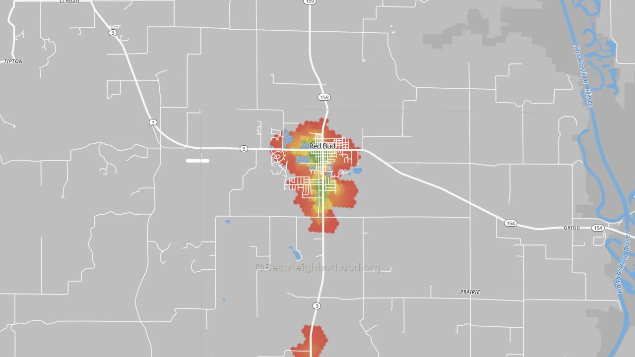 Walk Grade map of 62278, IL, walkable areas in green and car-dependent areas in red