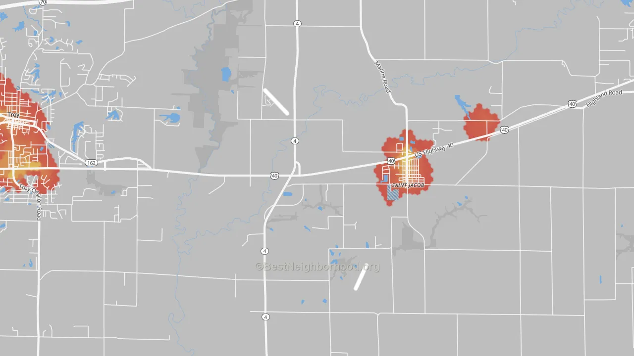 Walk Grade map of 62281, IL, walkable areas in green and car-dependent areas in red