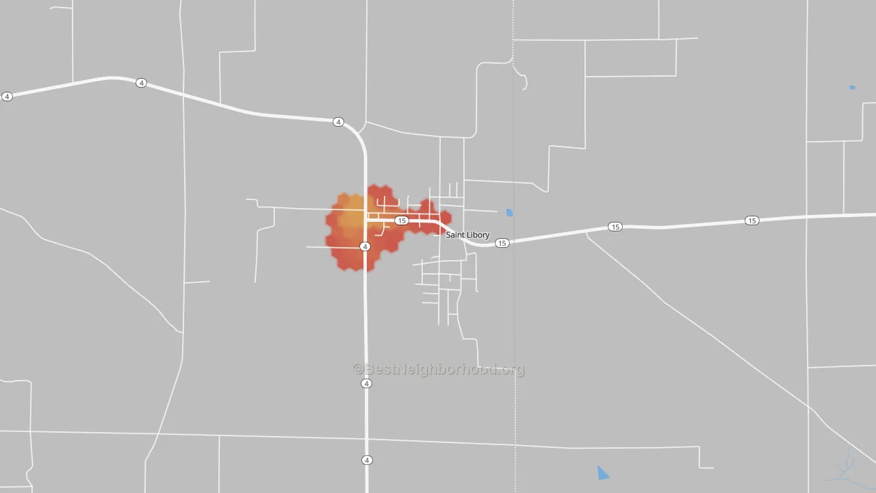 Walk Grade map of 62282, IL, walkable areas in green and car-dependent areas in red