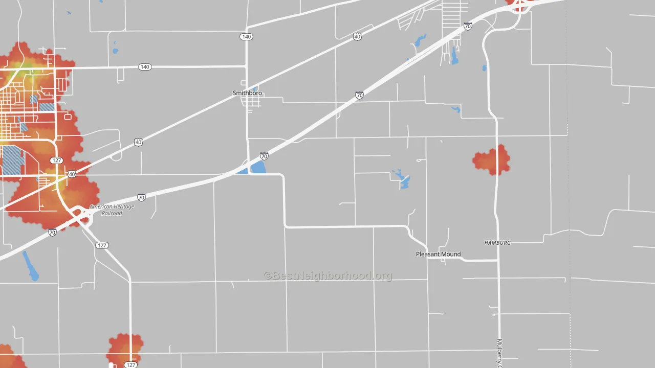 Walk Grade map of 62284, IL, walkable areas in green and car-dependent areas in red