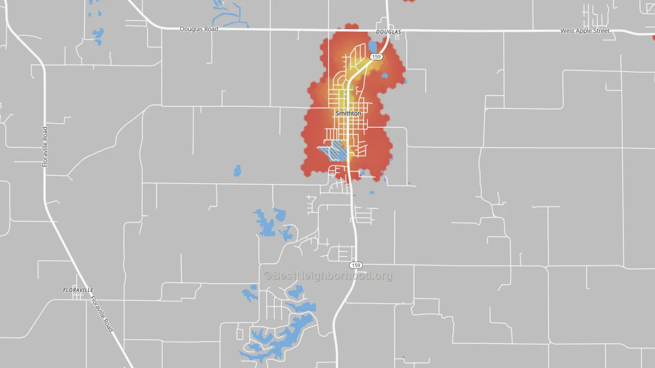 Walk Grade map of 62285, IL, walkable areas in green and car-dependent areas in red