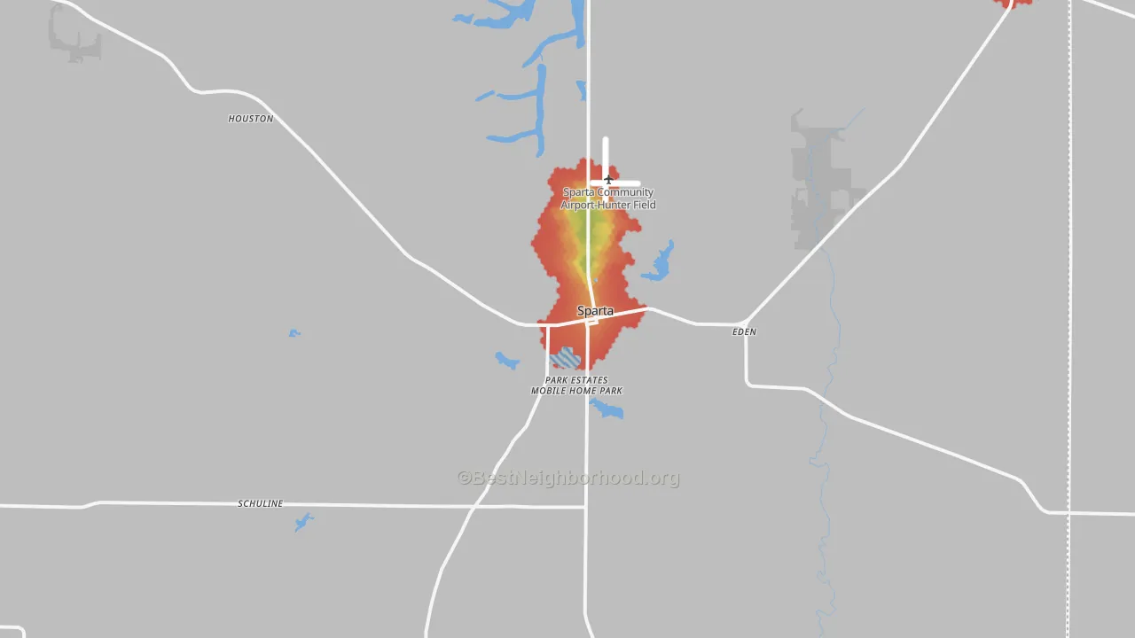 Walk Grade map of 62286, IL, walkable areas in green and car-dependent areas in red