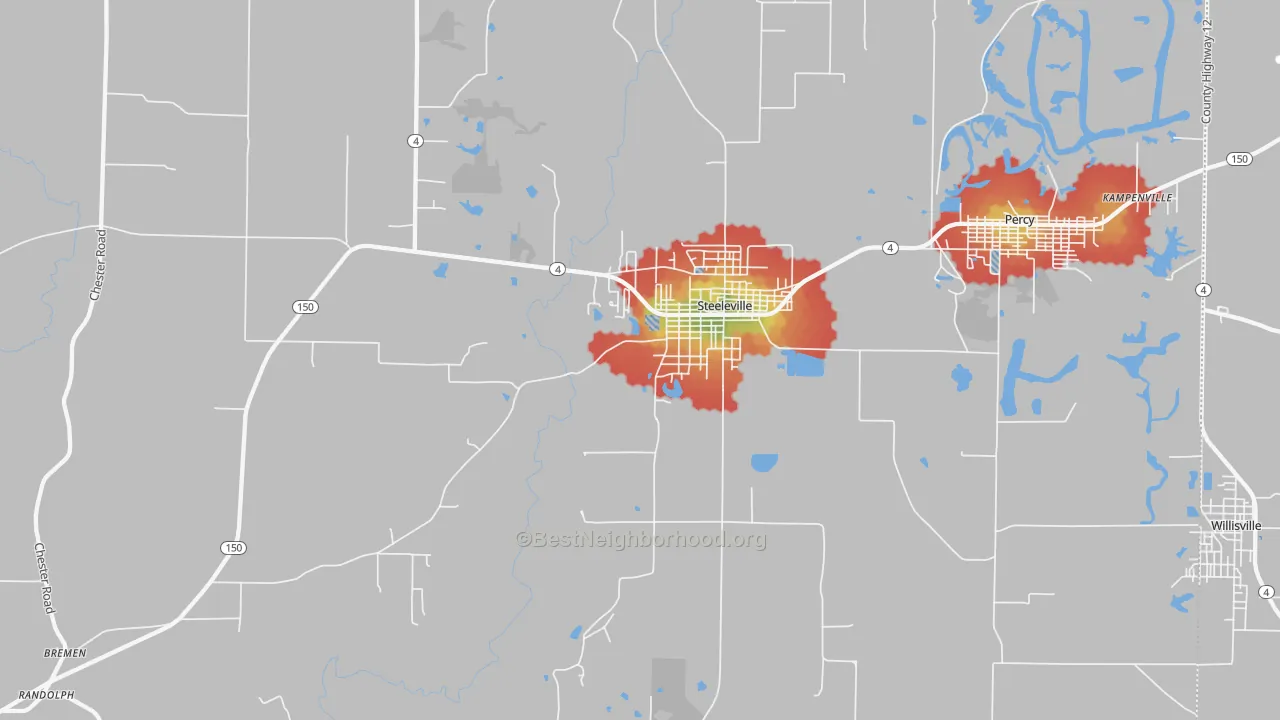 Walk Grade map of 62288, IL, walkable areas in green and car-dependent areas in red
