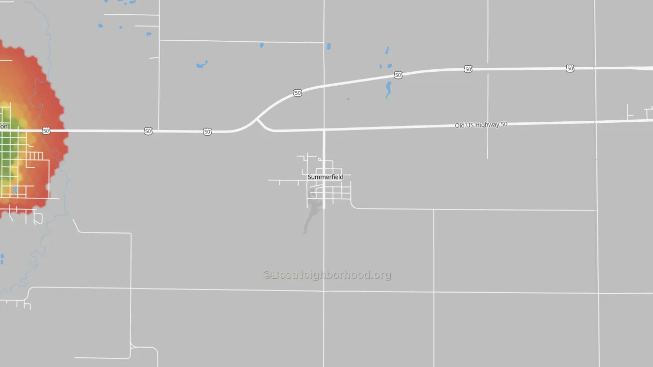 Walk Grade map of 62289, IL, walkable areas in green and car-dependent areas in red