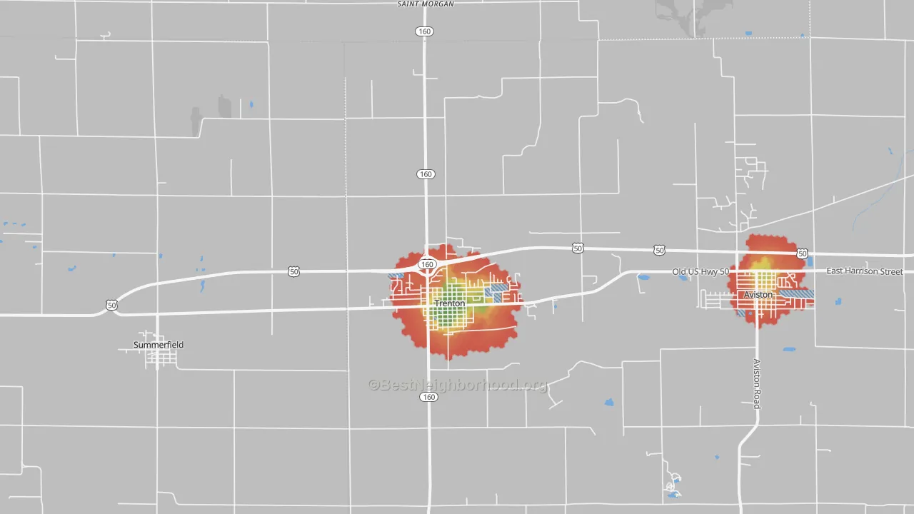 Walk Grade map of 62293, IL, walkable areas in green and car-dependent areas in red