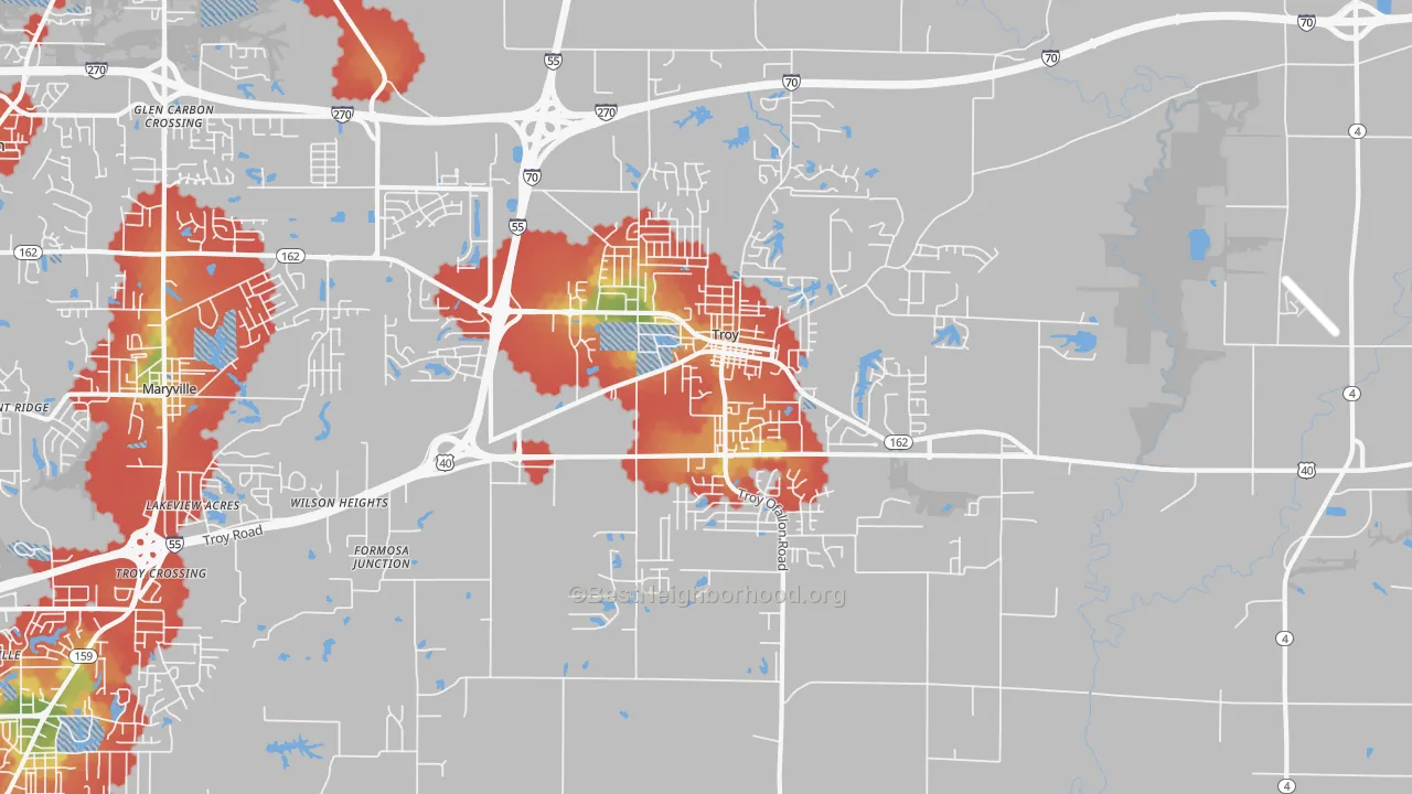 Walk Grade map of 62294, IL, walkable areas in green and car-dependent areas in red