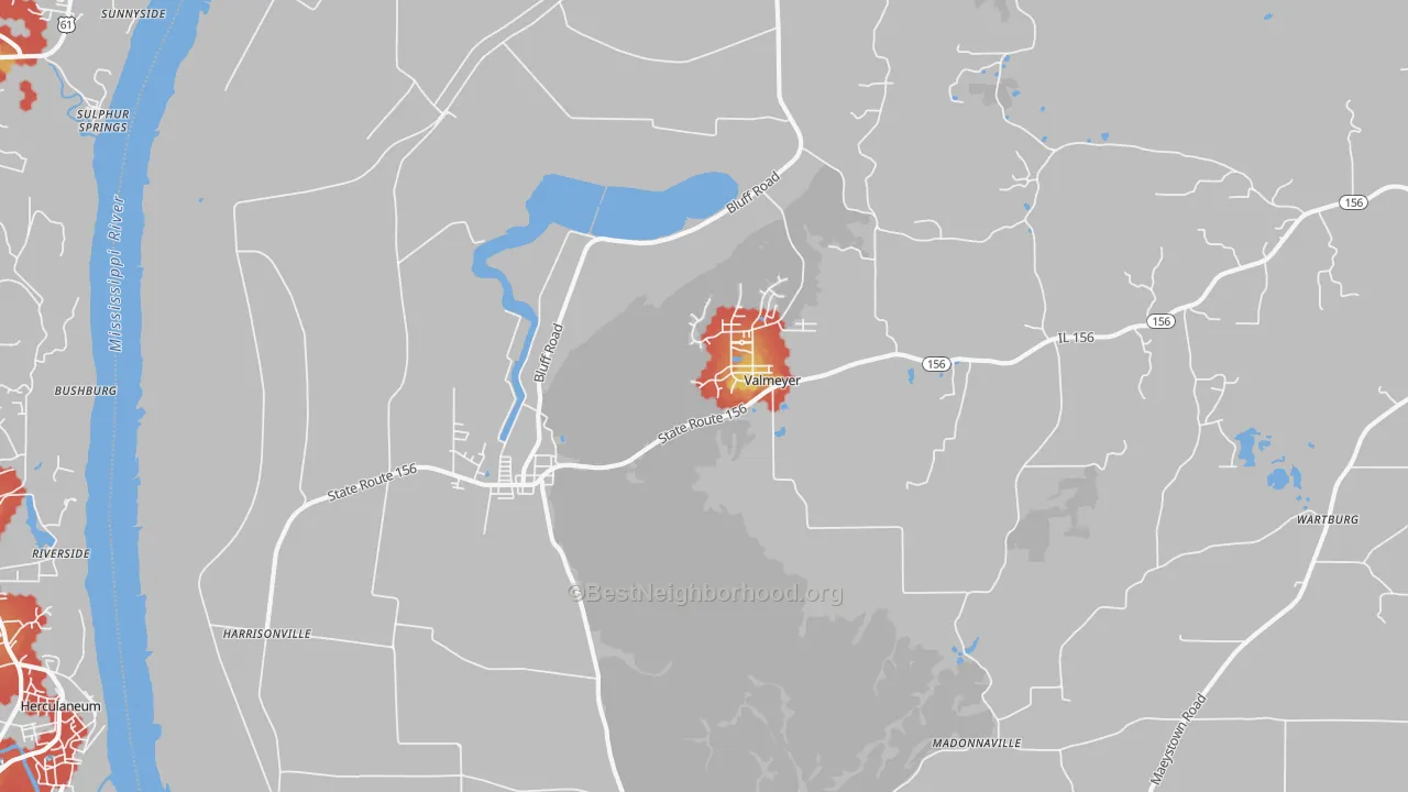 Walk Grade map of 62295, IL, walkable areas in green and car-dependent areas in red