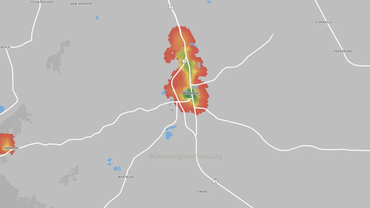 Walk Grade map of 62298, IL, walkable areas in green and car-dependent areas in red