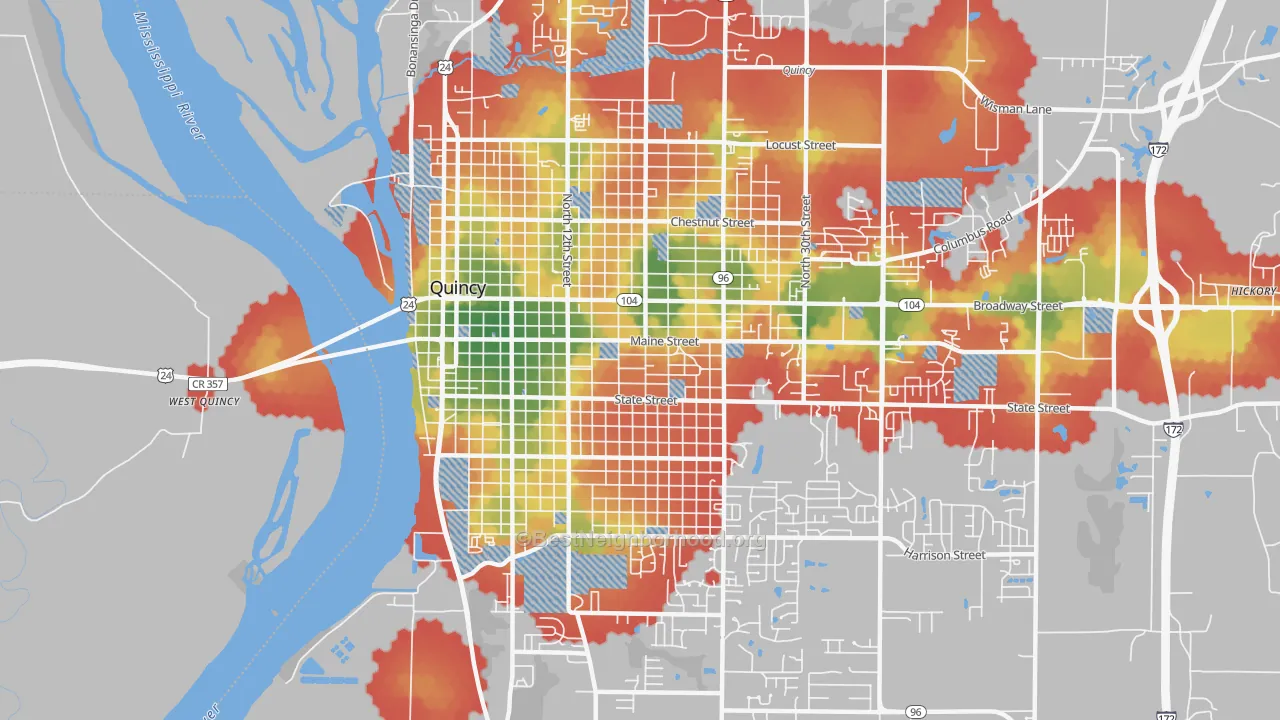 Walk Grade map of 62301, IL, walkable areas in green and car-dependent areas in red