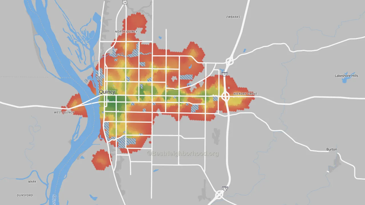 Walk Grade map of 62305, IL, walkable areas in green and car-dependent areas in red