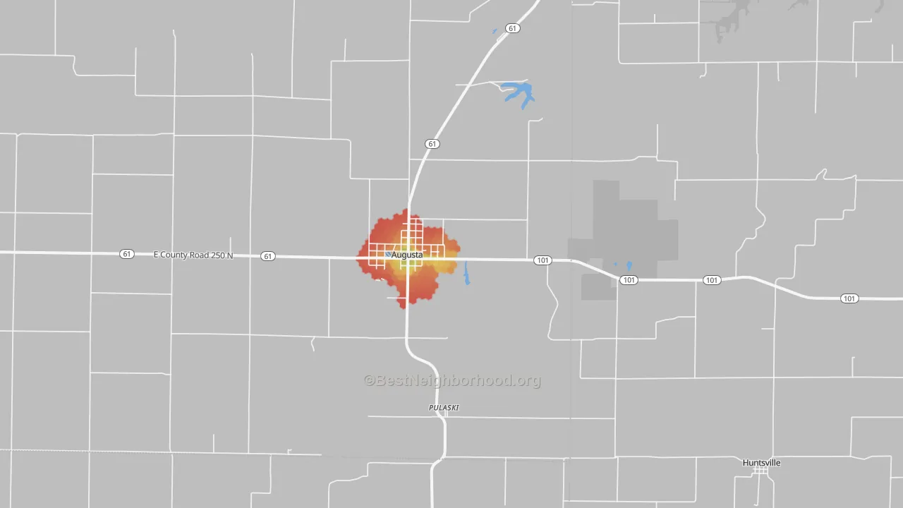 Walk Grade map of 62311, IL, walkable areas in green and car-dependent areas in red