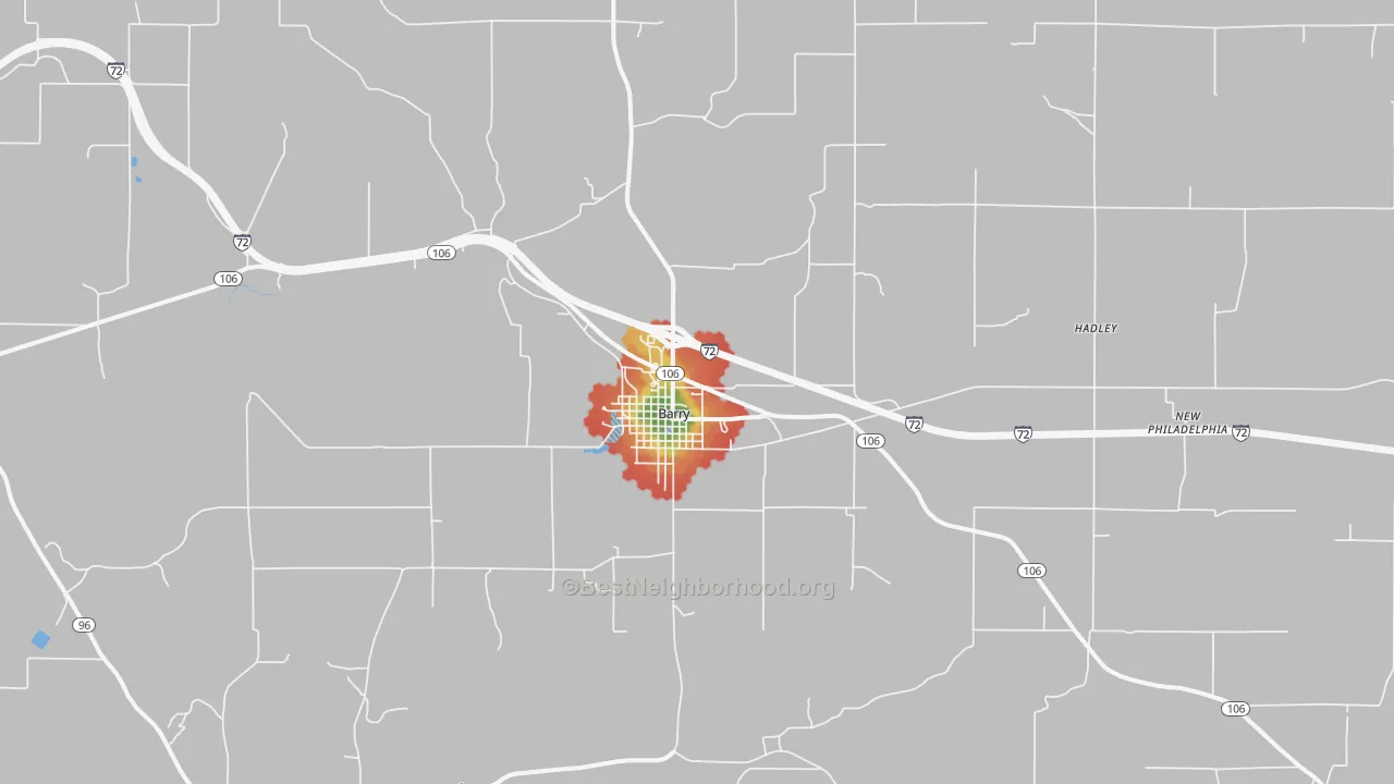 Walk Grade map of 62312, IL, walkable areas in green and car-dependent areas in red