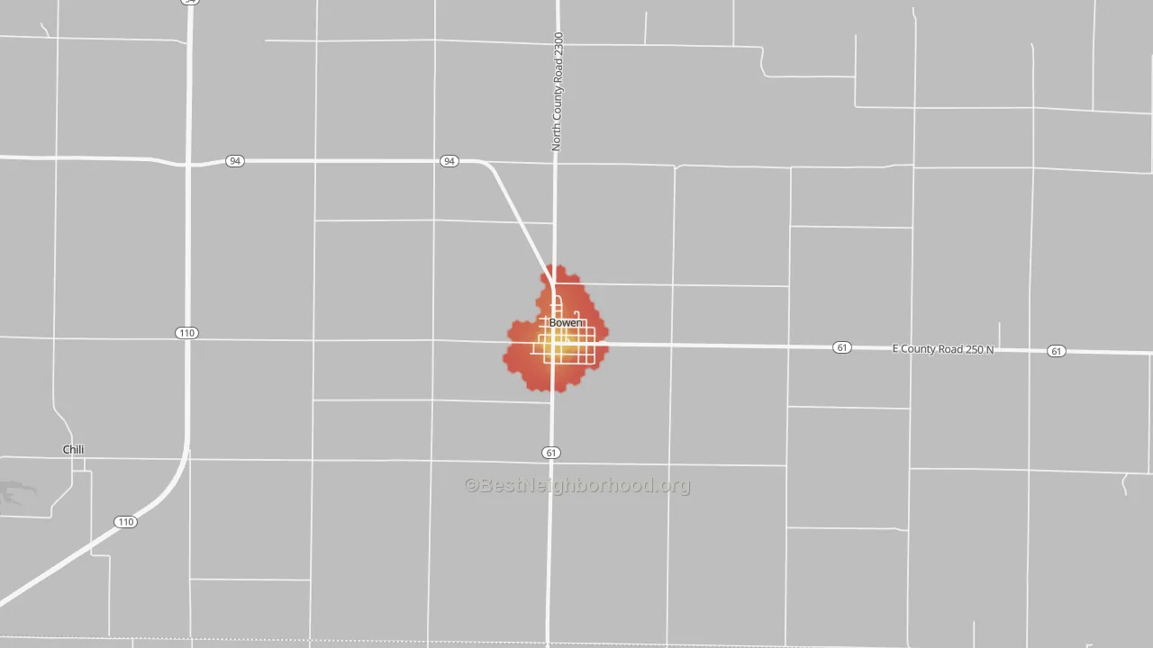Walk Grade map of 62316, IL, walkable areas in green and car-dependent areas in red