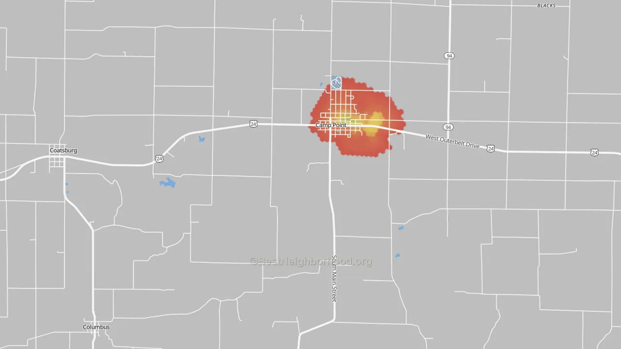 Walk Grade map of 62320, IL, walkable areas in green and car-dependent areas in red