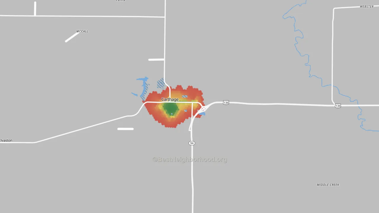 Walk Grade map of 62321, IL, walkable areas in green and car-dependent areas in red
