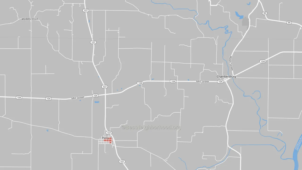 Walk Grade map of 62323, IL, walkable areas in green and car-dependent areas in red