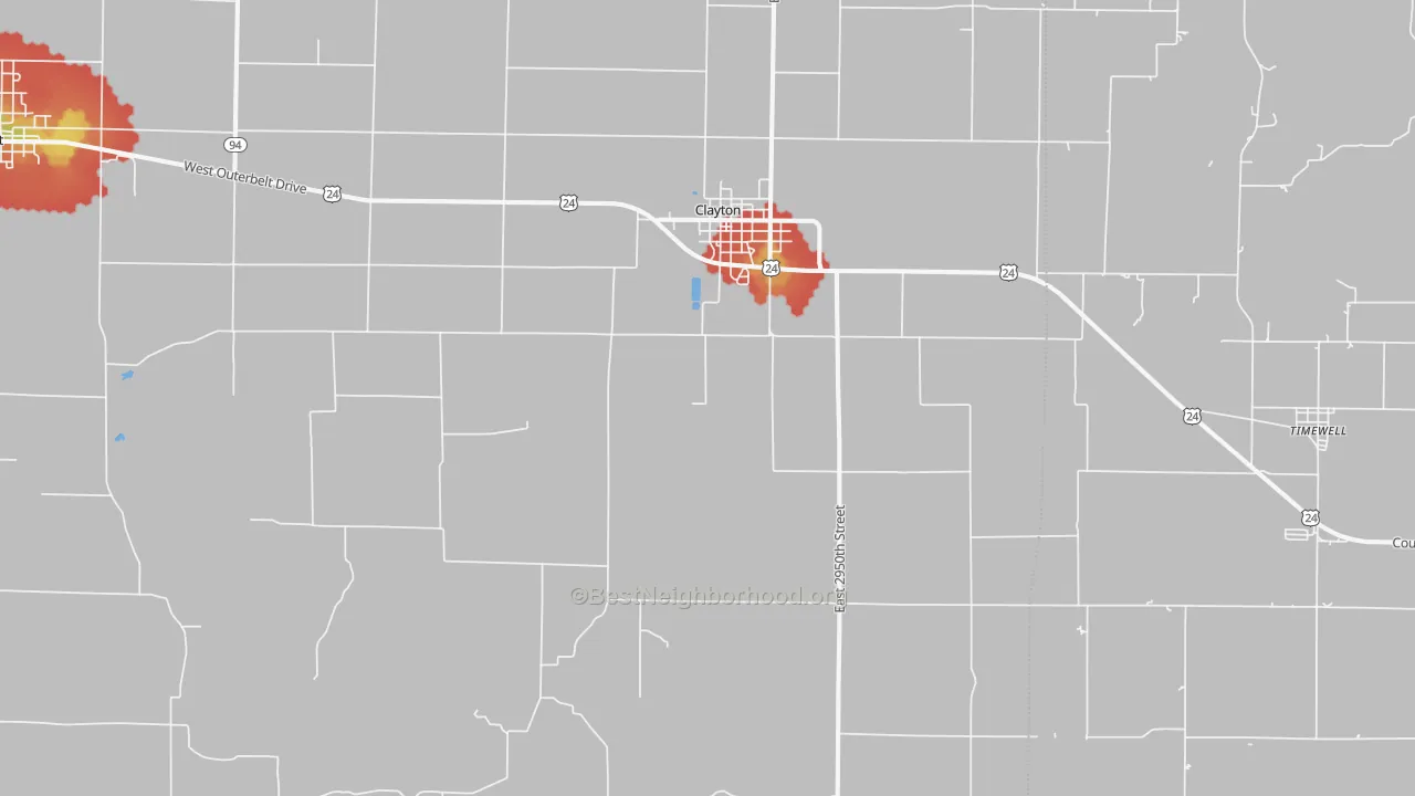 Walk Grade map of 62324, IL, walkable areas in green and car-dependent areas in red