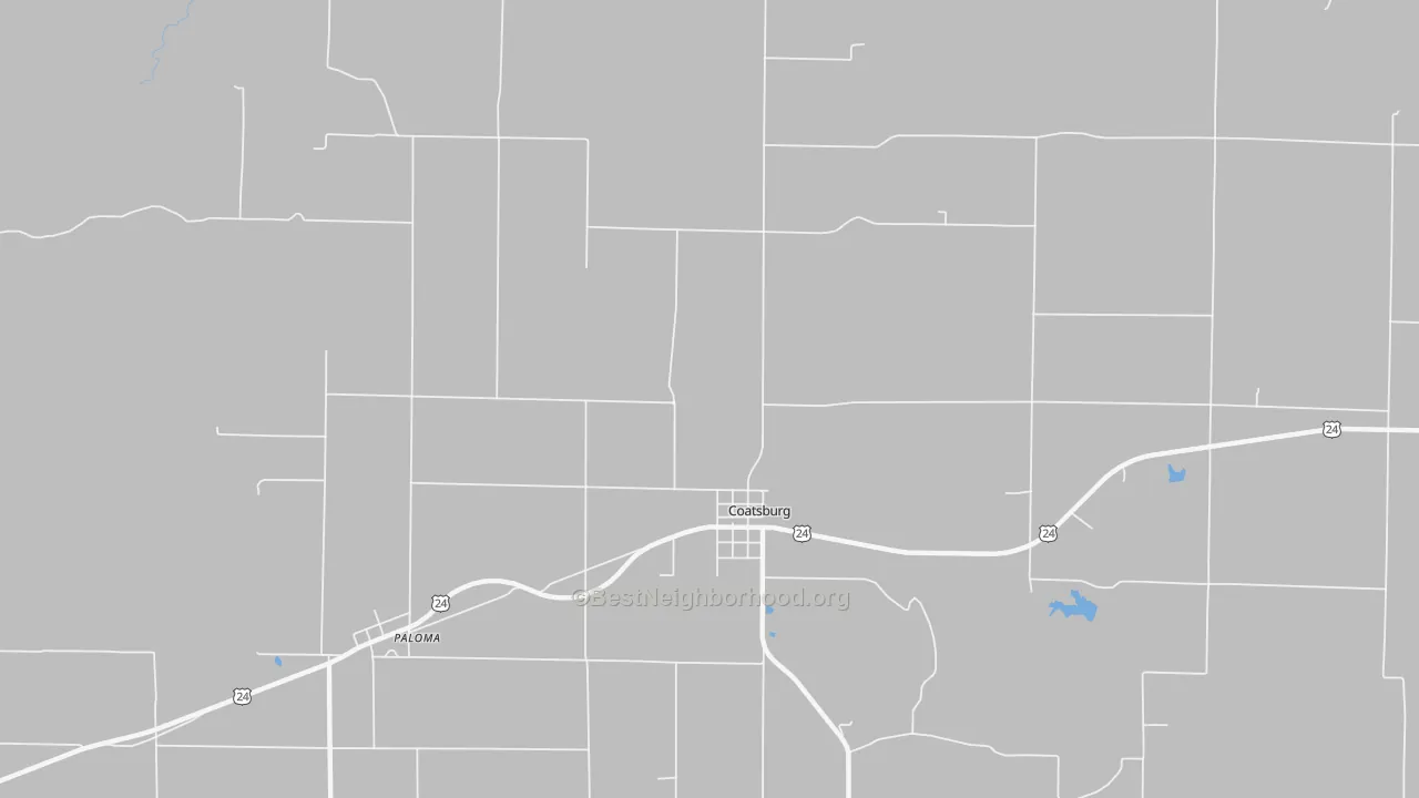 Walk Grade map of 62325, IL, walkable areas in green and car-dependent areas in red