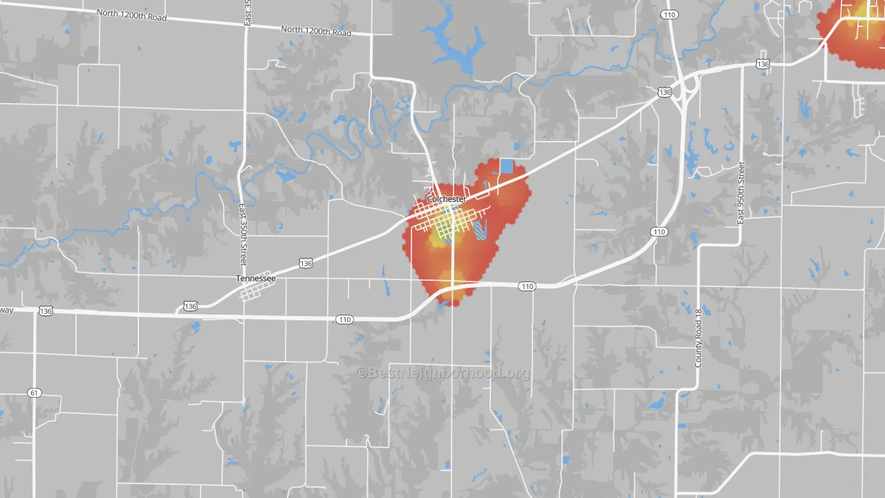 Walk Grade map of 62326, IL, walkable areas in green and car-dependent areas in red