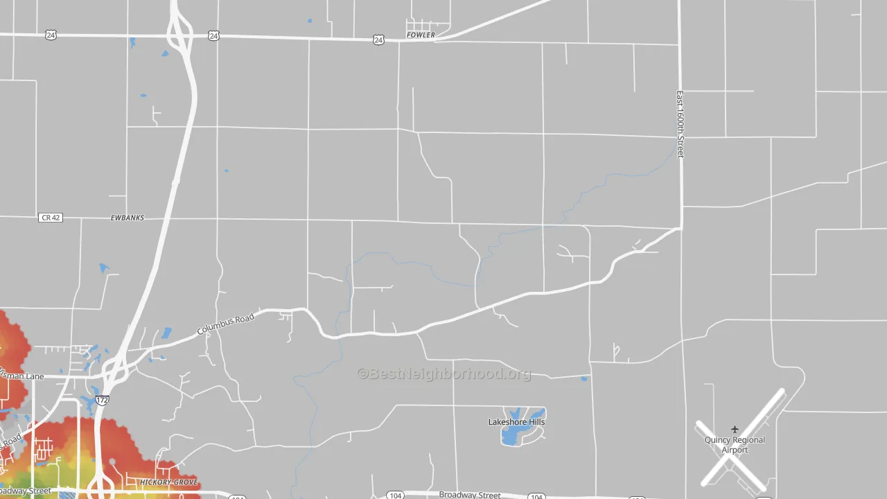 Walk Grade map of 62338, IL, walkable areas in green and car-dependent areas in red