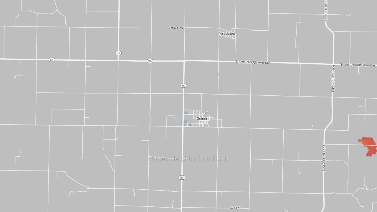 Walk Grade map of 62339, IL, walkable areas in green and car-dependent areas in red