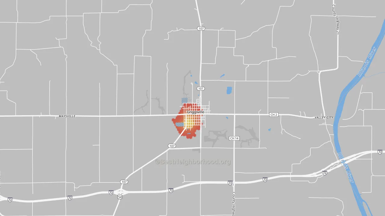 Walk Grade map of 62340, IL, walkable areas in green and car-dependent areas in red