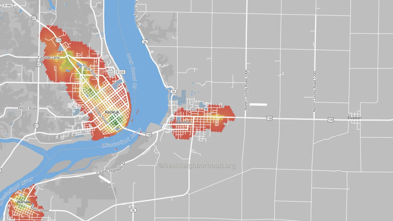 Walk Grade map of 62341, IL, walkable areas in green and car-dependent areas in red