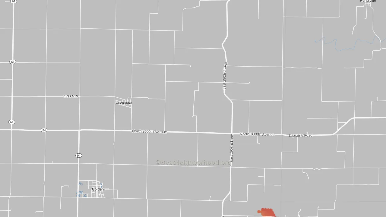 Walk Grade map of 62346, IL, walkable areas in green and car-dependent areas in red
