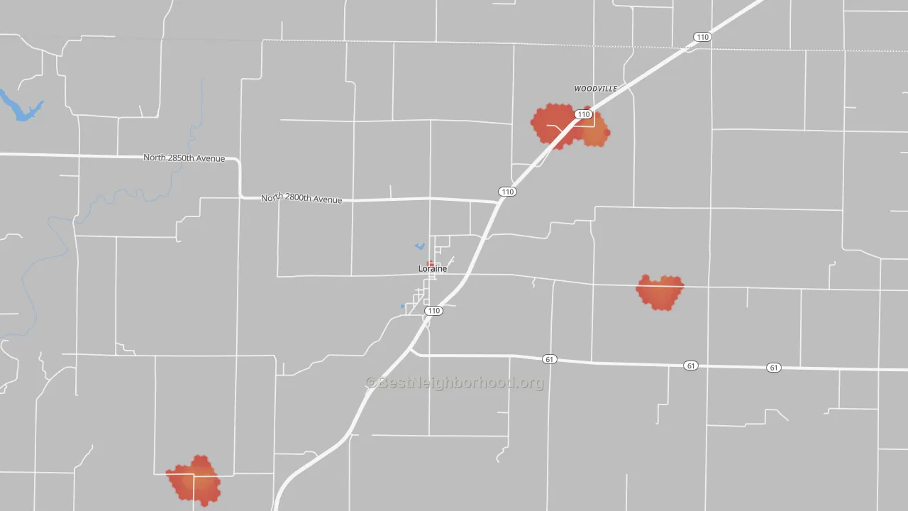 Walk Grade map of 62349, IL, walkable areas in green and car-dependent areas in red