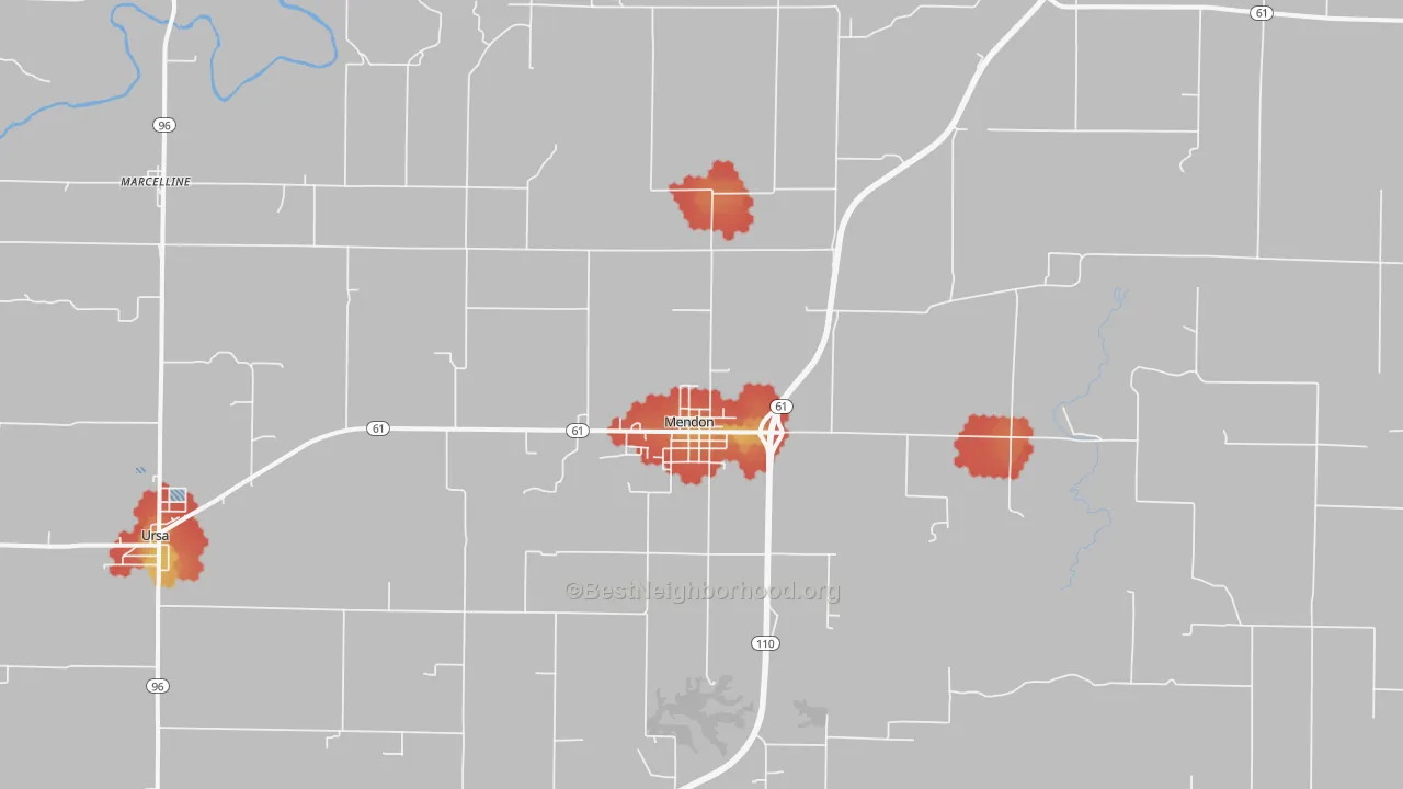 Walk Grade map of 62351, IL, walkable areas in green and car-dependent areas in red