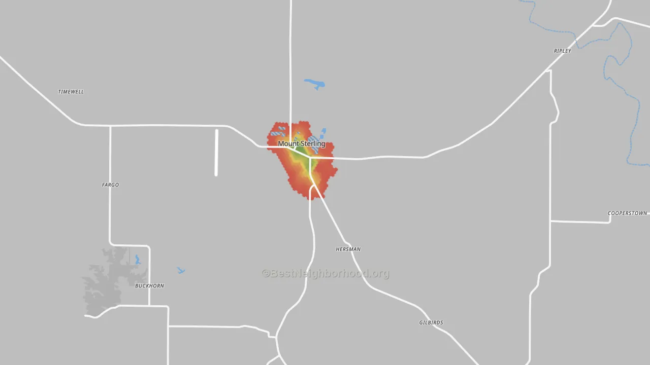 Walk Grade map of 62353, IL, walkable areas in green and car-dependent areas in red