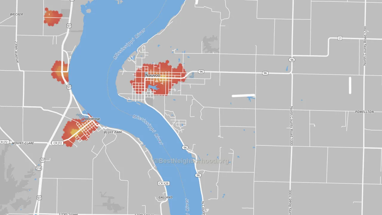 Walk Grade map of 62354, IL, walkable areas in green and car-dependent areas in red