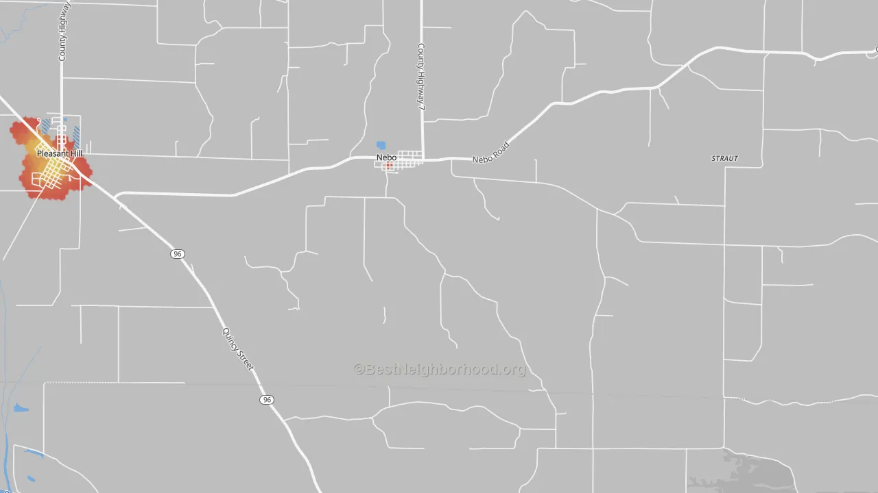 Walk Grade map of 62355, IL, walkable areas in green and car-dependent areas in red