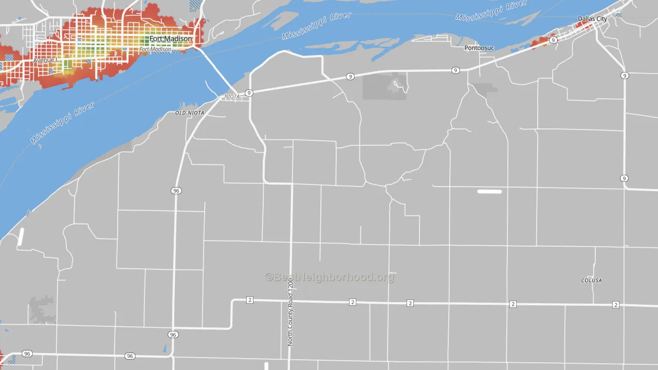Walk Grade map of 62358, IL, walkable areas in green and car-dependent areas in red