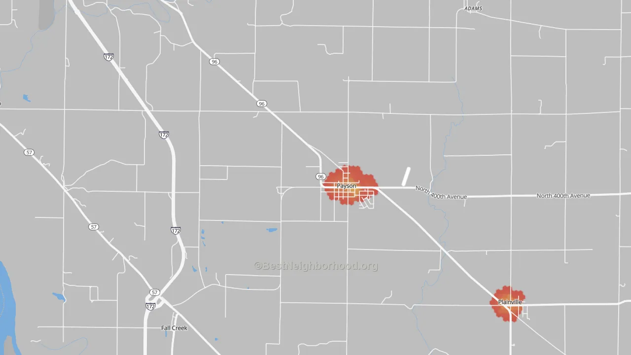 Walk Grade map of 62360, IL, walkable areas in green and car-dependent areas in red
