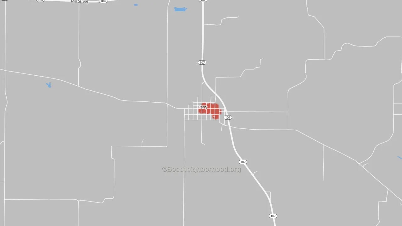 Walk Grade map of 62362, IL, walkable areas in green and car-dependent areas in red