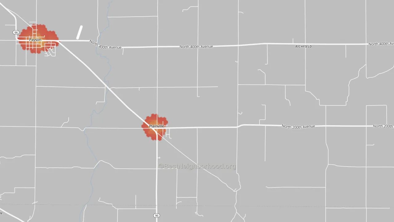 Walk Grade map of 62365, IL, walkable areas in green and car-dependent areas in red