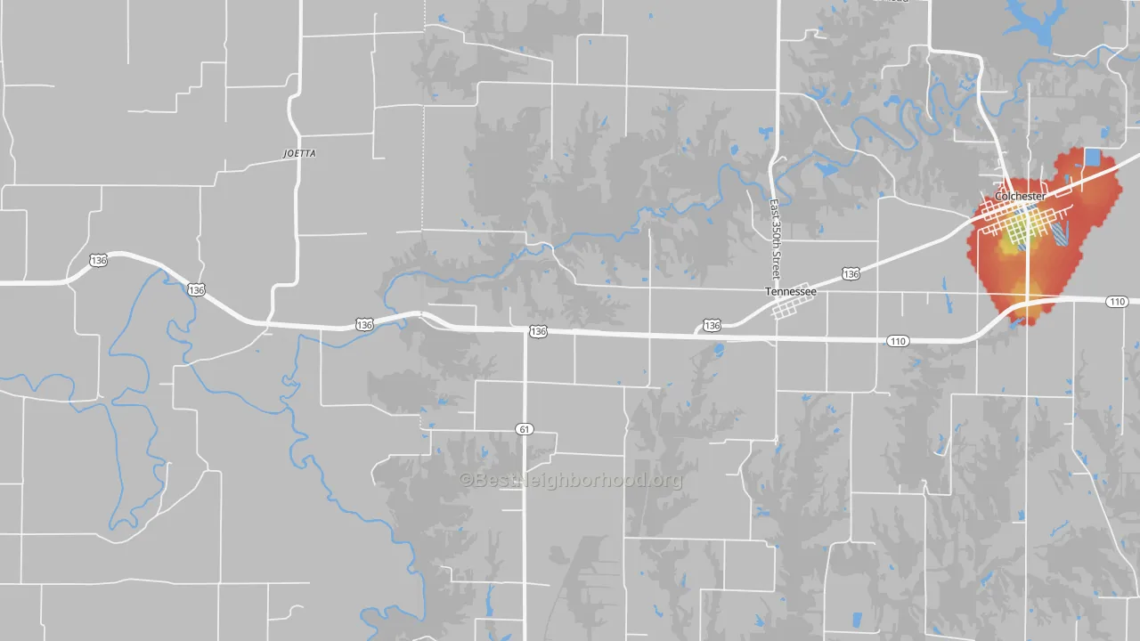 Walk Grade map of 62374, IL, walkable areas in green and car-dependent areas in red
