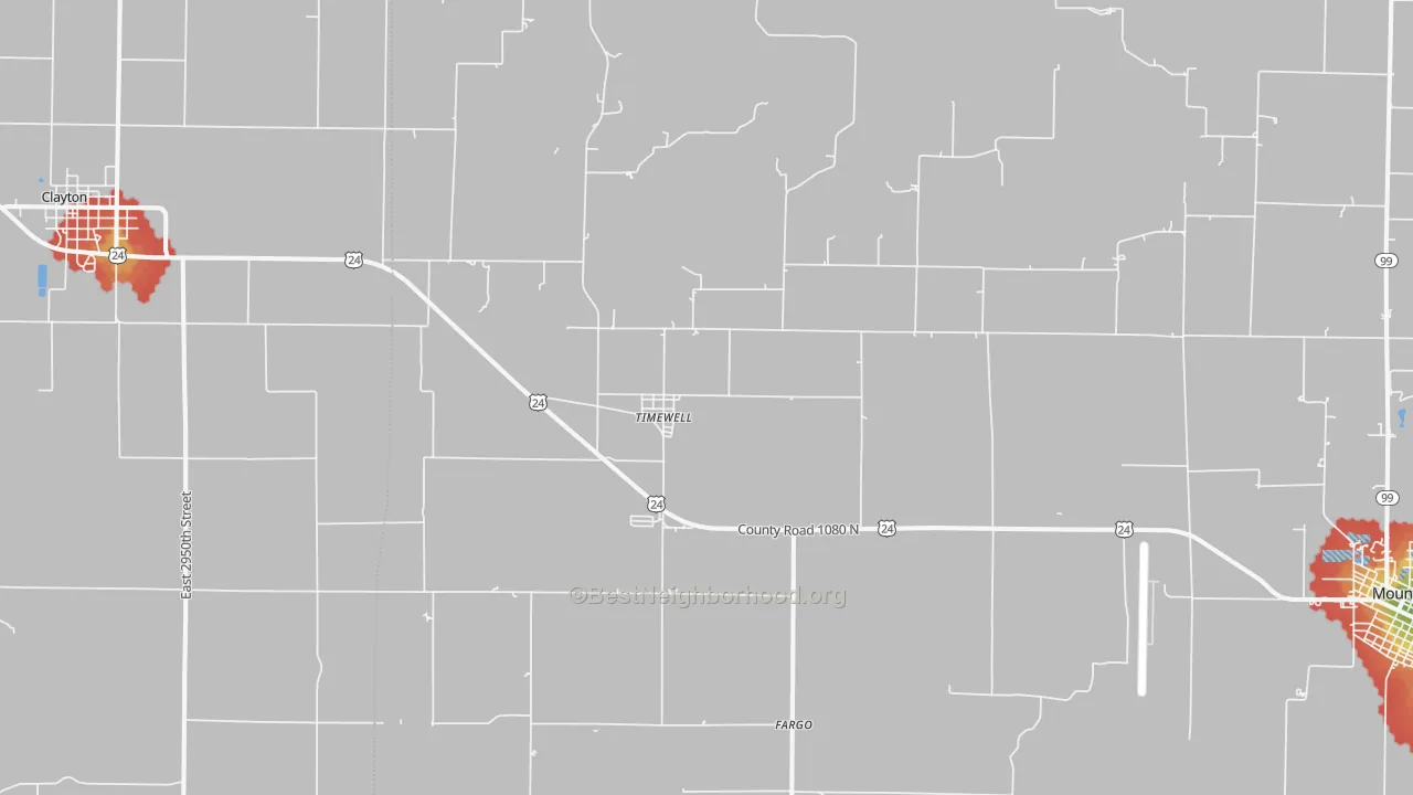 Walk Grade map of 62375, IL, walkable areas in green and car-dependent areas in red