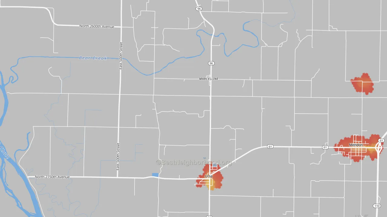 Walk Grade map of 62376, IL, walkable areas in green and car-dependent areas in red