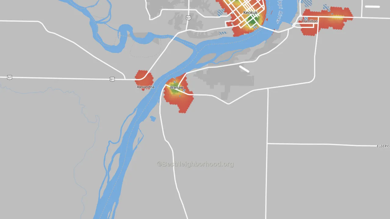 Walk Grade map of 62379, IL, walkable areas in green and car-dependent areas in red