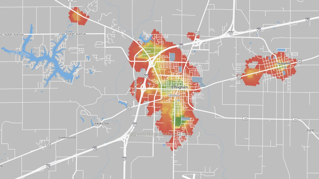 Walk Grade map of 62401, IL, walkable areas in green and car-dependent areas in red