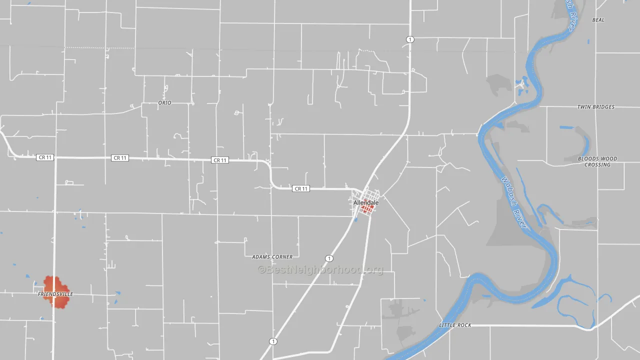 Walk Grade map of 62410, IL, walkable areas in green and car-dependent areas in red