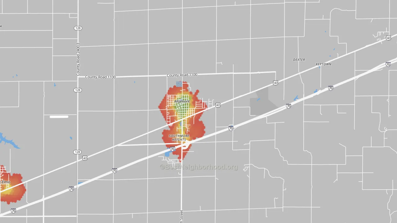Walk Grade map of 62411, IL, walkable areas in green and car-dependent areas in red